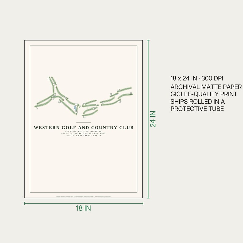 May include: A rectangular art print featuring a minimalist map of the Western Golf and Country Club in Redford, Michigan. The design includes green fairways on a cream background with text detailing the architect, year, and 18 x 24 inch dimensions.