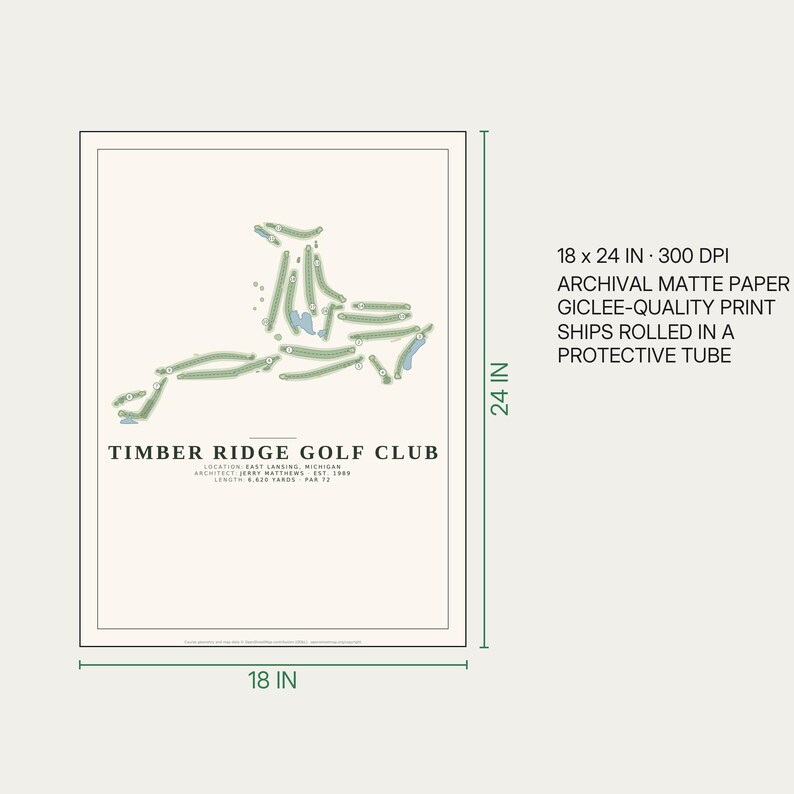 May include: A rectangular print of the Timber Ridge Golf Club course layout on a cream background. The design features green fairways, blue water hazards, and black text detailing the location, architect, and course statistics, measuring 18 x 24 inches.