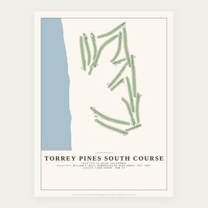 May include: A rectangular print featuring a map of the Torrey Pines South Course in La Jolla, California. The design displays green fairways against a cream background with a blue ocean border, including text details on architect, length, and par.
