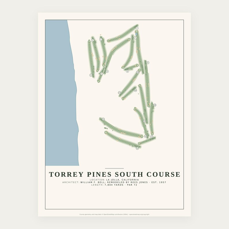 May include: A rectangular print featuring a map of the Torrey Pines South Course in La Jolla, California. The design displays green fairways against a cream background with a blue ocean border, including text details on architect, length, and par.
