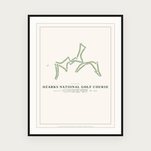 May include: A framed print featuring a map of the Ozarks National Golf Course in Hollister, Missouri. The design includes a green course layout, a small blue water feature, and text detailing the architect, establishment year, and 7,036 yards length.