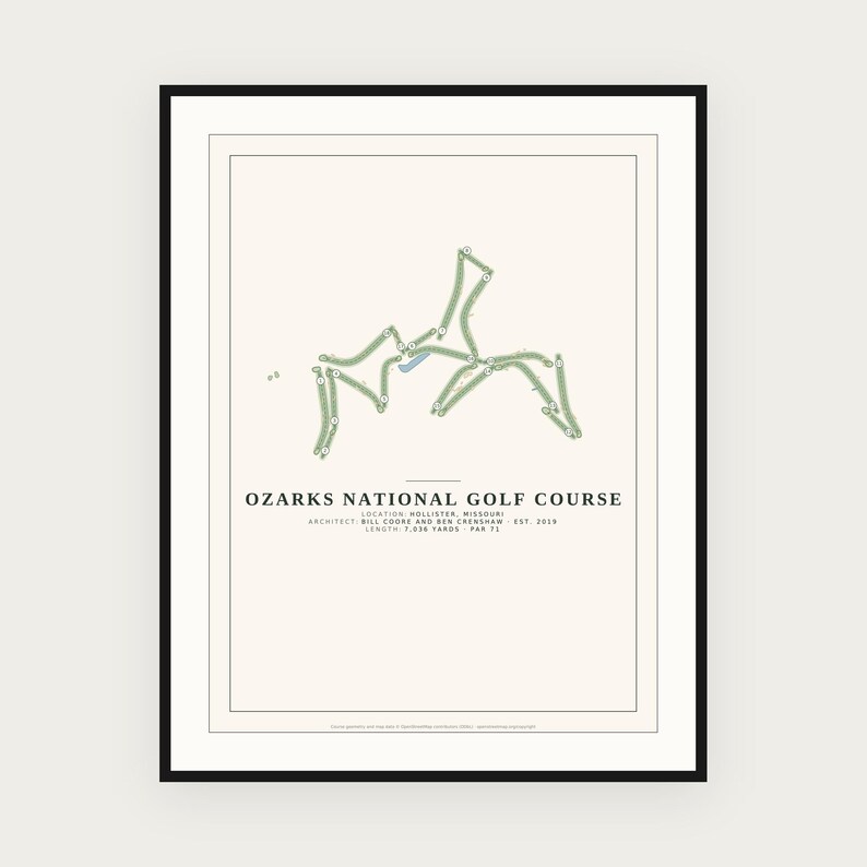 May include: A framed print featuring a map of the Ozarks National Golf Course in Hollister, Missouri. The design includes a green course layout, a small blue water feature, and text detailing the architect, establishment year, and 7,036 yards length.