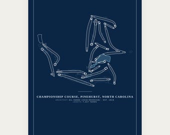 Championship Course, Pinehurst, North Carolina Blueprint Print, 18x24 North Carolina Golf Wall Art