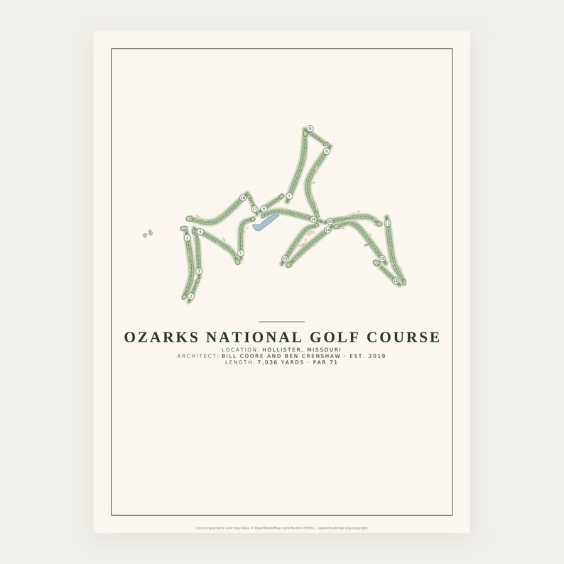 May include: A minimalist map print of the Ozarks National Golf Course in Hollister, Missouri. The design features a light cream background with a green course layout, numbered holes, and text detailing the architect, year, 7,036 yards, and par 71.