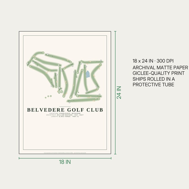 May include: A rectangular golf course map print titled BELVEDERE GOLF CLUB, featuring green fairways on a cream background. Text includes location, architect, and length. The print measures 18 x 24 inches, printed on archival matte paper.
