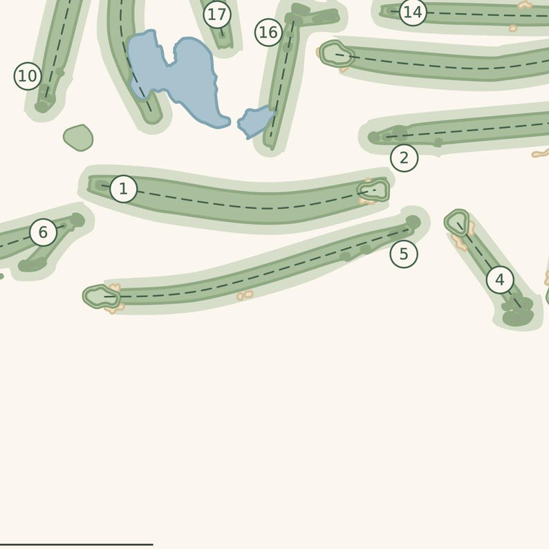 May include: A golf course map illustration featuring light green fairways with dashed center lines and numbered circular markers for holes 1, 2, 4, 5, 6, 10, 14, 16, and 17. The layout includes light blue water hazards and tan sand bunkers.