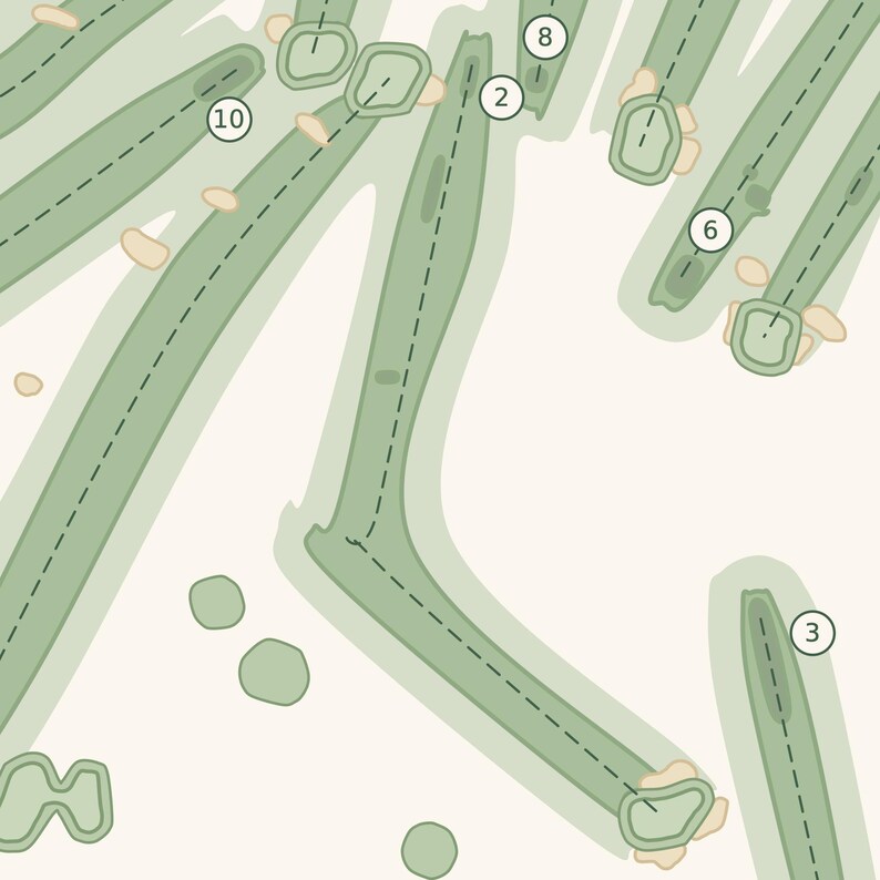 May include: A top-down map illustration of a golf course layout featuring green fairways, sand bunkers, and numbered holes including 2, 3, 6, 8, and 10. The design uses a light cream background with sage green paths and dashed lines indicating play.