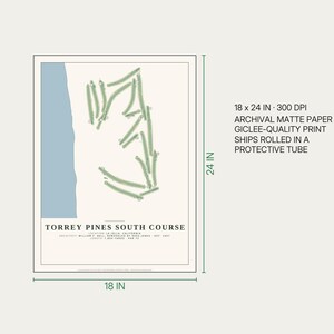 May include: A 18 x 24 inch archival matte paper giclee-quality print of the Torrey Pines South Course map. The design features a light blue coastline, green fairways on a cream background, and text detailing the location, architect, and length.