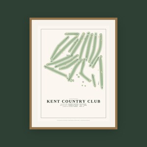 May include: A framed print featuring a detailed map of the Kent Country Club golf course in shades of green and cream. The text reads: KENT COUNTRY CLUB, LOCATION: GRAND RAPIDS, MICHIGAN, ARCHITECT: DONALD ROSS, EST. 1896, LENGTH: 6,558 YARDS, PAR 71.