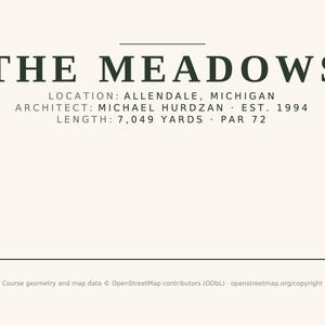 Op de afbeelding: Een cr&egrave;mekleurige grafische print met de tekst THE MEADOWS in donkergroen, met details: LOCATION: ALLENDALE, MICHIGAN, ARCHITECT: MICHAEL HURDZAN, EST. 1994, LENGTH: 7,049 YARDS, PAR 72, en onderaan copyrightinformatie over de kaartgegevens.
