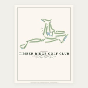 May include: A minimalist golf course map print of Timber Ridge Golf Club in East Lansing, Michigan. The design features a light green layout of the holes with numbered markers, blue water hazards, and black text detailing the architect, year established, length of 6,620 yards, and par 72.