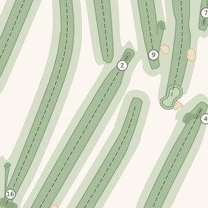 May include: A top-down map illustration of a golf course featuring light green fairways with dashed black center lines. Numbered white circular markers labeled 2, 4, 7, 9, and 16 indicate specific holes, with small tan sand traps visible.