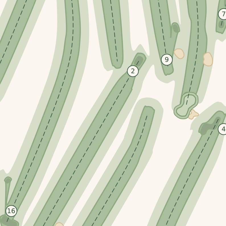 May include: A top-down map illustration of a golf course featuring light green fairways with dashed black center lines. Numbered white circular markers labeled 2, 4, 7, 9, and 16 indicate specific holes, with small tan sand traps visible.
