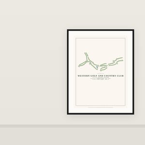 May include: A framed print featuring a minimalist map of the Western Golf and Country Club course layout in green on a cream background. The text reads Western Golf and Country Club, Location: Redford, Michigan, Architect: Donald Ross, Est: 1927, Length: 6,851 Yards, Par 72.