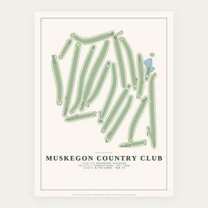 May include: A golf course map print of Muskegon Country Club featuring green fairways on a cream background. Text includes: MUSKEGON COUNTRY CLUB, LOCATION: MUSKEGON, MICHIGAN, ARCHITECT: DONALD ROSS, EST. 1908, LENGTH: 6,700 YARDS, PAR 72.