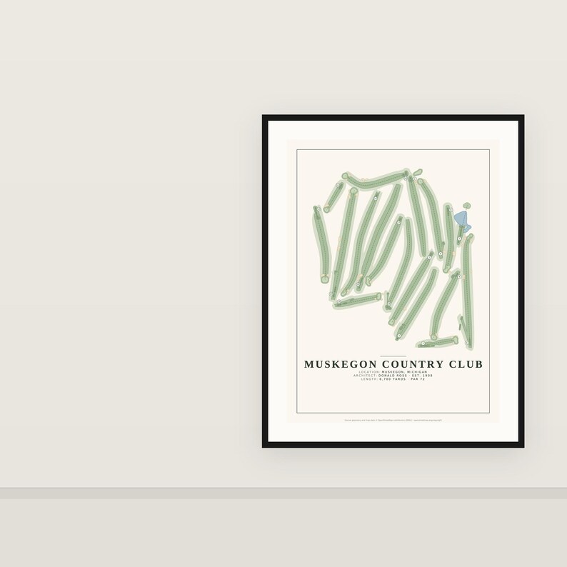 May include: A framed print of the Muskegon Country Club golf course layout. The map features light green fairways on a cream background with a small blue water hazard. Text includes the club name, location, architect, year, and course length.