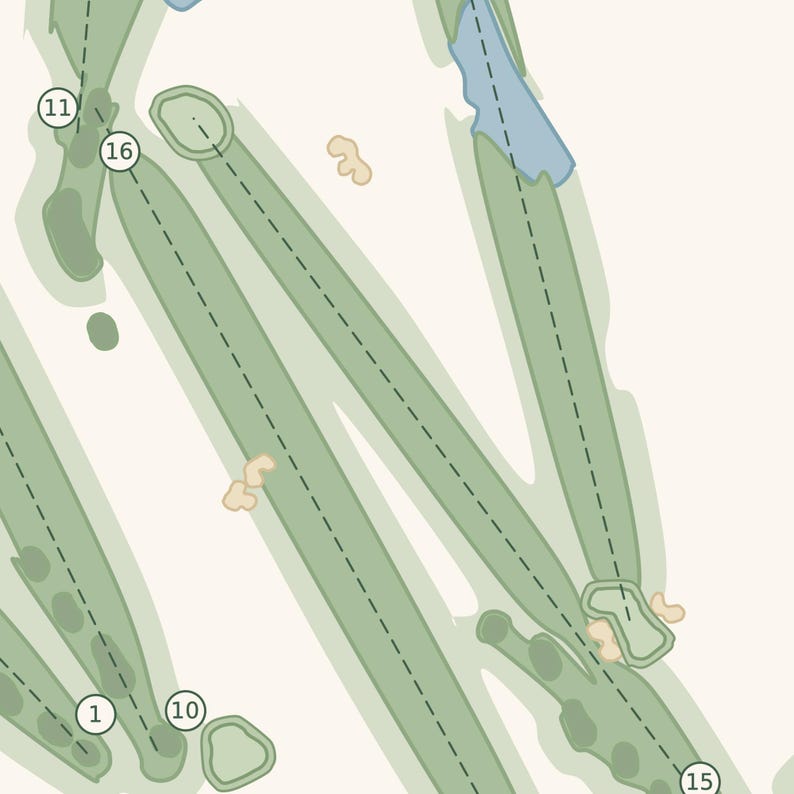 Op de afbeelding: Een digitale illustratie van een golfbaanplattegrond met lichtgroene fairways, donkergroene rough-gebieden en lichtblauwe waterhindernissen. Genummerde cirkels 1, 10, 11, 15 en 16 markeren specifieke holes, met stippellijnen die paden aangeven.