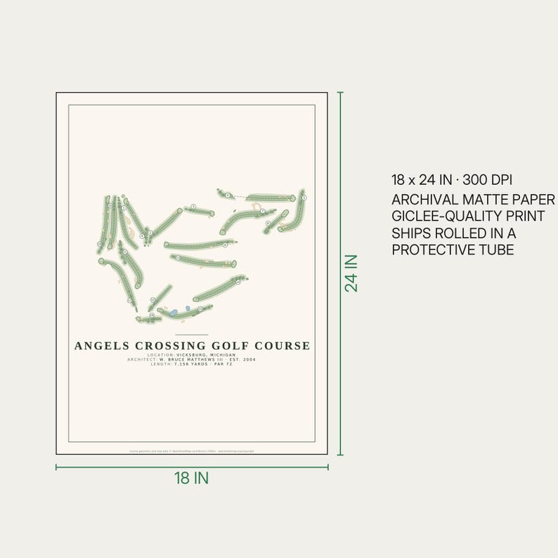 May include: A rectangular art print of Angels Crossing Golf Course featuring a green course layout on a cream background. Text includes the course name, location, architect, and stats. The print measures 45.72 x 60.96 cm on archival matte paper.