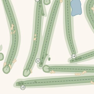 May include: A golf course map illustration featuring light green fairways with dashed center lines, tan sand bunkers, and a small blue water hazard. Numbered circular markers 10, 12, and 14 are positioned at the start of specific golf holes.