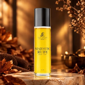 May include: A cylindrical glass bottle filled with golden yellow perfume oil, featuring a black cap. The label displays the text Just Essence, Majestic Ruby, Amber / Sweet, and No. 406. The bottle has a clear glass body and a black lid.