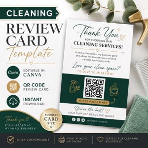 Peut inclure: Un modèle de carte d'avis pour service de nettoyage blanc et vert foncé avec un code QR, des icônes dorées de vaporisateur et de seau, et le texte Thank You For Choosing Our Cleaning Services et Scan To Leave A Review.