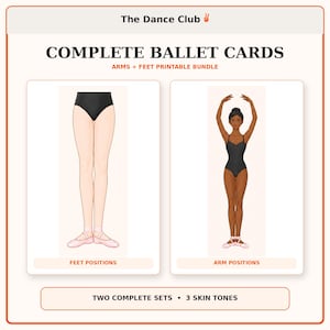 Könnte beinhalten: Ein druckbares Set mit dem Titel The Dance Club Complete Ballet Cards, das Arm- und Fußpositionen zeigt. Die Grafik besteht aus zwei Feldern: eines zeigt Beine in Ballettschuhen und schwarzem Trikot, das andere eine Tänzerin im Trikot.