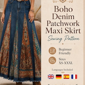 Boho Denim Patchwork Maxikjol PDF Symönster XS-XXXL, Steg-för-steg-foton i realtid, A4 Utskrivbar