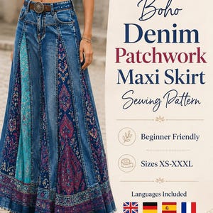 May include: A denim patchwork maxi skirt sewing pattern featuring blue denim panels interspersed with colorful patterned fabric inserts. The text reads: Boho Denim Patchwork Maxi Skirt Sewing Pattern, Beginner Friendly, Sizes XS-XXXL, Languages Included.