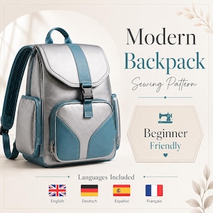 Könnte beinhalten: Ein silberner und blaugrüner Rucksack mit einer oberen Klappe, einer Vordertasche und Seitentaschen. Der Text lautet Modern Backpack Sewing Pattern, Beginner Friendly und Languages Included mit Flaggen für English, Deutsch, Español und Français.