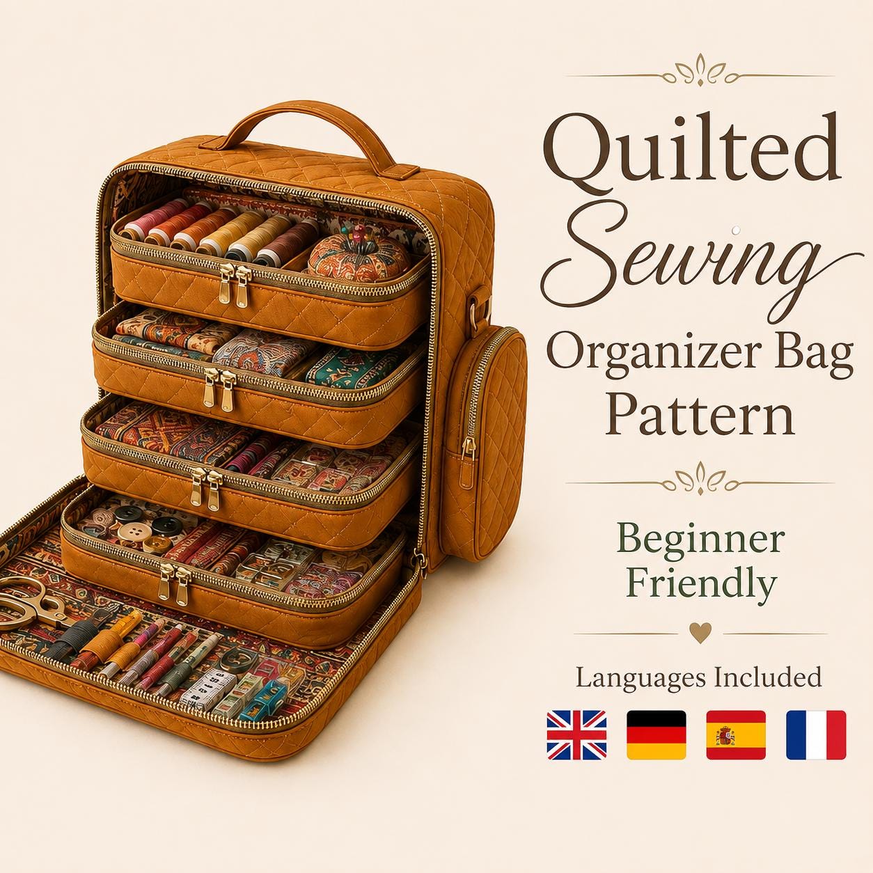 Quilted Sewing Organizer Bag PDF Pattern, Beginner Friendly, Step-by-Step Real-Time Photos, A4 Printable Cutting Pattern, 5 Files