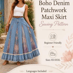 Könnte beinhalten: Ein Schnittmuster für einen Jeans-Patchwork-Maxirock mit ausgestellter Silhouette, abwechselnden hellblauen Jeans- und Blumenstoffbahnen, einem Rüschensaum und einem braunen Gürtel. Text beinhaltet: Boho Denim Patchwork Maxi Skirt Sewing Pattern.