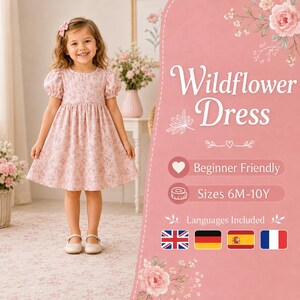 May include: A light pink dress with a small floral pattern, featuring short puff sleeves and a round neckline. The text on the right side reads Wildflower Dress, Beginner Friendly, and Sizes 6M-10Y, accompanied by icons and flags.