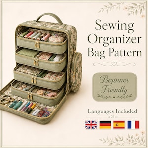 May include: A sage green sewing organiser bag with a floral pattern, featuring four internal zippered compartments filled with sewing supplies, a top handle, and text reading Sewing Organizer Bag Pattern, Beginner Friendly, and Languages Included.
