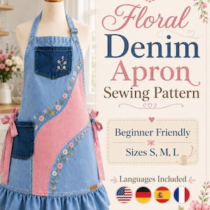 Könnte beinhalten: Eine hellblaue und rosafarbene Jeansschürze mit gerüschtem Saum, zwei dunkelblauen Taschen und Blumenstickerei. Der Text lautet: Floral Denim Apron Sewing Pattern, Beginner Friendly, Sizes S, M, L, Languages Included, mit Flaggensymbolen.
