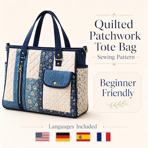Op de afbeelding: Een gewatteerde patchwork tote bag met stoffen panelen in blauwe denim, crème en bloemenmotieven. De tas heeft twee handvatten, een verticaal ritsvak, een voorvak met klep en messing drukknoop, en zijvakken. Tekst: Quilted Patchwork Tote Bag Sewing Pattern Beginner Friendly.