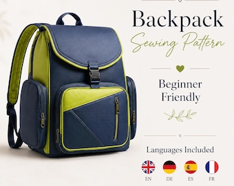 May include: A navy blue and lime green backpack with a top flap, a front zippered pocket, and side pockets. The text reads: Backpack Sewing Pattern, Beginner Friendly, Languages Included. Four flag icons represent English, German, Spanish, and French.