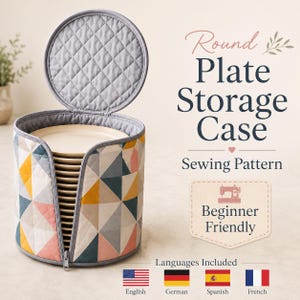 May include: A round plate storage case sewing pattern featuring a quilted exterior with a geometric triangle pattern in shades of yellow, blue, grey, and pink. The case has a zippered front opening and a lid, containing a stack of beige plates.