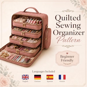 May include: A dusty rose quilted sewing organizer case with four tiered, zippered storage compartments filled with various spools of thread, sewing notions, and scissors. The text reads Quilted Sewing Organizer Pattern and Beginner Friendly.
