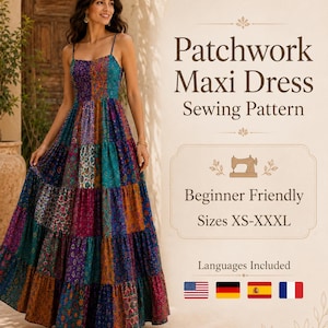 Op de afbeelding: Een naaipatroon voor een patchwork maxi-jurk met een gelaagde rok en spaghettibandjes. De tekst luidt: Patchwork Maxi Dress Sewing Pattern, Beginner Friendly, Sizes XS-XXXL, Languages Included, met iconen van de Amerikaanse, Duitse, Spaanse en Franse vlaggen.
