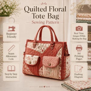 May include: A quilted floral tote bag sewing pattern featuring text Quilted Floral Tote Bag Sewing Pattern, Beginner Friendly, Seam Allowance 1 cm, Step by Step Instruction, Real Time Images While Making the Bag, A4 Printing Pages, and Drafting Diagram.