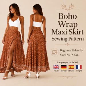 Puede incluir: Un patrón de costura para una falda larga cruzada de tela color óxido con un pequeño estampado floral blanco y un borde ancho estampado. El texto dice: Boho Wrap Maxi Skirt Sewing Pattern, Beginner Friendly, Sizes XS-XXXL, Languages Included.