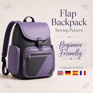 Könnte beinhalten: Ein violetter und schwarzer Rucksack mit Klappe, Tragegriff, verstellbaren Schultergurten, einer Reißverschlusstasche vorne und Schnallenverschluss. Der Text lautet Flap Backpack Sewing Pattern, Beginner Friendly und Languages Included.