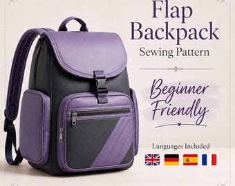 May include: A purple and black flap backpack with a top handle, adjustable shoulder straps, a front zippered pocket, and a buckle closure. The text reads Flap Backpack Sewing Pattern, Beginner Friendly, and Languages Included with flag icons.
