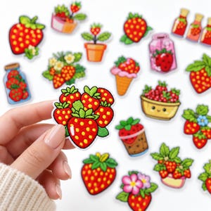 May include: A collection of embroidered patches featuring various strawberry designs, including strawberries in jars, bowls, ice cream cones, and potted plants, with one patch held in the foreground showing a cluster of red strawberries.