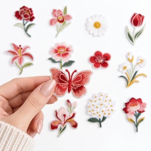 May include: A collection of embroidered patches featuring various floral designs and a single butterfly. The butterfly patch is held up, displaying shades of red and pink with detailed stitching. Other patches include daisies, tulips, lilies, and peonies.