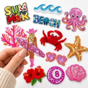 Summer Beach Iron On Patches, Sequin Ocean Embroidered Applique, Crab Octopus Starfish Shell Patch for Clothes Hat Bag DIY Crafts