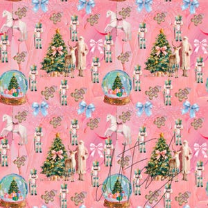 May include: A repeating pattern on a pink background featuring white horses, nutcrackers, Christmas trees, reindeer, Santa Claus figures, gingerbread cookies, snow globes with trees, and light blue bows arranged in a festive holiday design.