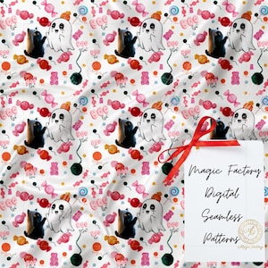 Boo-Hoo Kitty Halloween Seamless Pattern: Ghost Cat, Candy (Digital Paper)