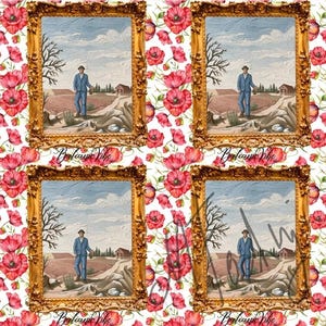 May include: A repeating pattern featuring a framed painting of a person in a blue suit walking through a rural landscape with a house and trees, set against a white background filled with vibrant red poppy flowers and green foliage.