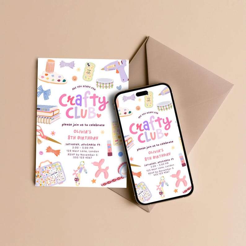 Crafty Club Birthday Invitation, Arts and Crafts Party Invite, Editable ...
